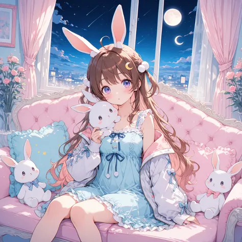 1girl, animal ears, moon, solo, long hair, looking at viewer, window, rabbit ears, hair ornament, star \(symbol\), sleeves past wrists, purple eyes, sky, ahoge, star \(sky\), stuffed rabbit, rabbit, long sleeves, full moon, brown hair, night, stuffed toy, ...