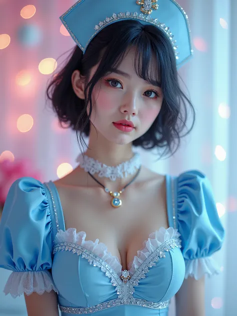 real photograph, Glittering and bright portraits, (masterpiece), (highest quality), (Super detailed), (shape), (one japanese girl), cute face like an idol, (a frill and jewelry glitter light blue Mini length nurse uniform and bra fully made from geometric ...