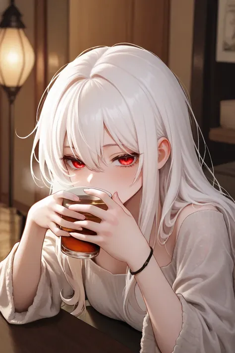 Beautiful woman with white hair, red eyes, long hair, drunken eyes drinking black tea, devilish 