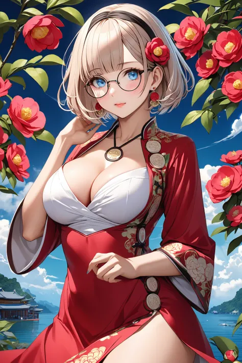 Masterpiece, ultra-realism, deep skin expression and texture, (1 woman, cowboy shot, beautiful shiny short bob hair, camellia hair accessory, twill earrings, round glasses, beautiful narrow blue eyes, beautifully detailed facial expression: 1.3, large brea...