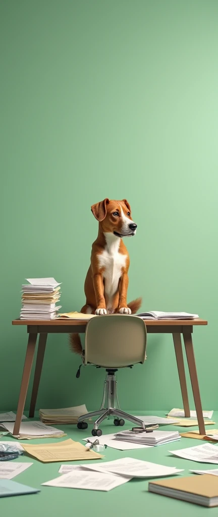 dog on desk table with various papers and plain green background