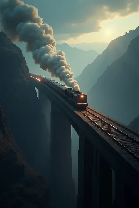 The train crosses a large bridge just after exiting the tunnel, zooming in from below, smoke, echoes of the engine, dash, an exciting scene to shoot, and the best image quality.