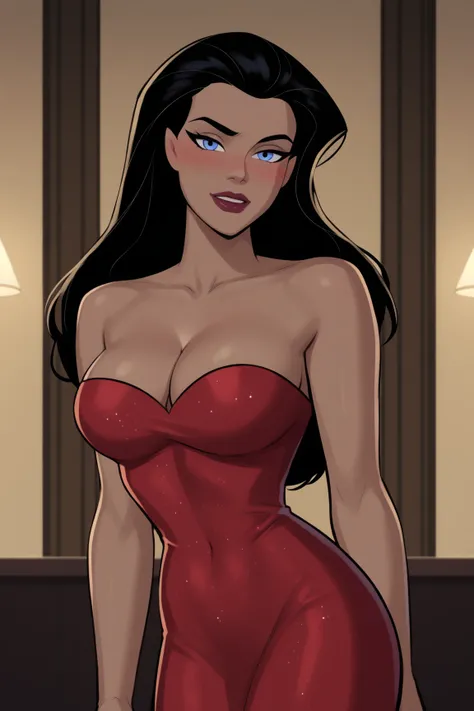 PonyXLV6_Scores BREAK ((parody), perfect anatomy, perfect eyes, cowboy shot), BREAK diana prince, long hair, black hair, blue eyes, lipstick, dark-skinned female, flirting, raised eyebrow, blushing, ((looking at viewer)), dress, cleavage, red dress, strapl...