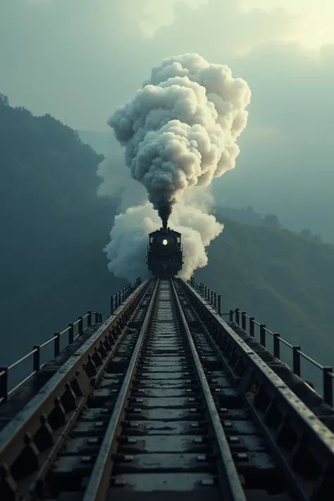 The train crosses a large bridge just after exiting the tunnel, zooming in from below, smoke, echoes of the engine, dash, an exciting scene to shoot, and the best image quality.