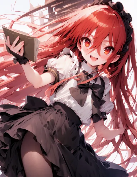 shana ,Alone, long hair, Red Hair,  red eyes, stupid hair,smile,blush, open their mouths,Maid服,rib tights ,  black pantyhose ,  pin heels,black色ロングスカート,Maid head dress , Maid apron, Maid Dress,Maid, Maid outfit,black_ dress , hair shaking in the wind , lon...