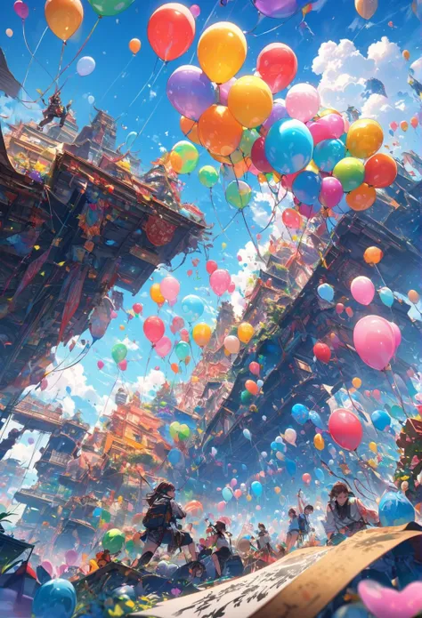 A spectacle of balloons of various sizes climbing from the ground to the blue sky, colorful, fantastic, bright, a stunning picture scroll, and the best picture quality.