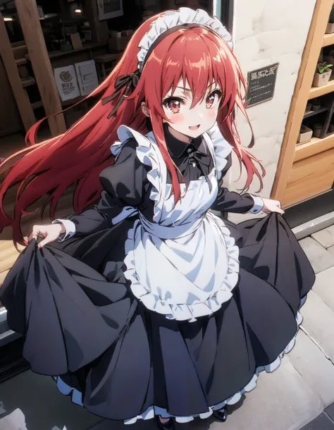 shana , long hair, Red Hair,  red eyes, stupid hair,smile,blush, open their mouths,Maid服,rib tights ,  black pantyhose ,  pin heels,black色ロングスカート,Maid head dress , Maid apron, Maid Dress,Maid, Maid outfit,black_ dress , hair shaking in the wind , long skir...