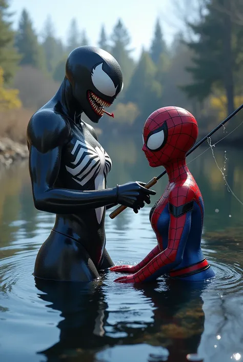 " Imagine a fun and unusual scene :  Venom and Spider-Man are fishing together in a tranquil dam. Venom,  with her black body and white details ,  is holding a fishing rod with a mischievous smile ,  as Spider-Man ,  in her iconic red and blue costume . In...