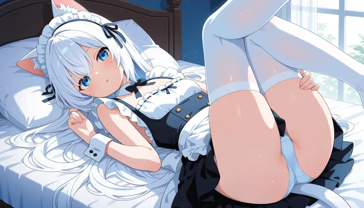  only 1 girl  (((( masterpiece)))), high quality,very_high_ resolution , full color ,  a girl, Maid showing leg and chest blue eyes white hair Nekomimi short skirt white stockings neckline show panties