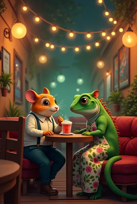 I want to create a 2d image of a 30-year-old male hamster and a 30-year-old female green iguana that are in a mateadas bar at night 