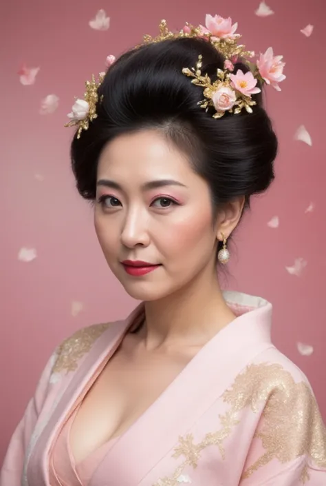 "A close-up of a 52-year-old Japanese woman wearing an Edo-period courtesan kimono in pastel pink with gold cherry blossom patterns, gracefully revealing her cleavage. Her makeup includes bold red lipstick, pink and gold gradient eyeshadow with glitter acc...