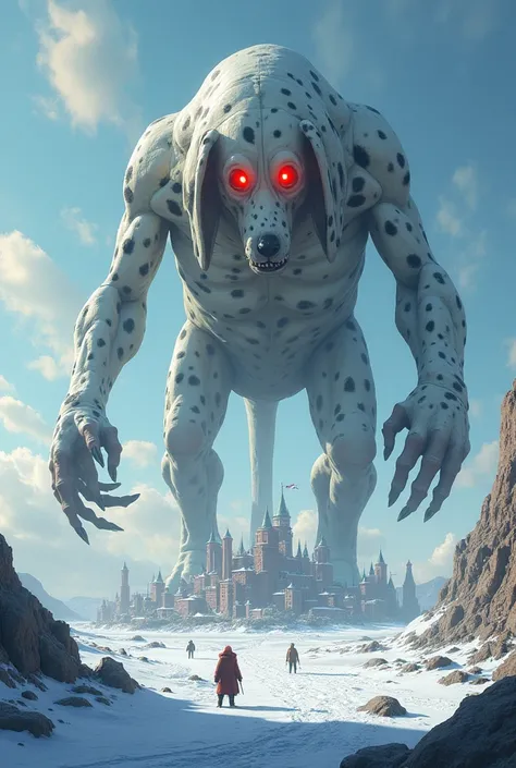 make a photo of gigantic (((cartoony))) dalmatian dog creature with lanky body, long muscular arms,  and red eyes that is the size of an asteroid attacking buildings in the frozen land in broad daylight. the image shows the buildings and people to appear s...