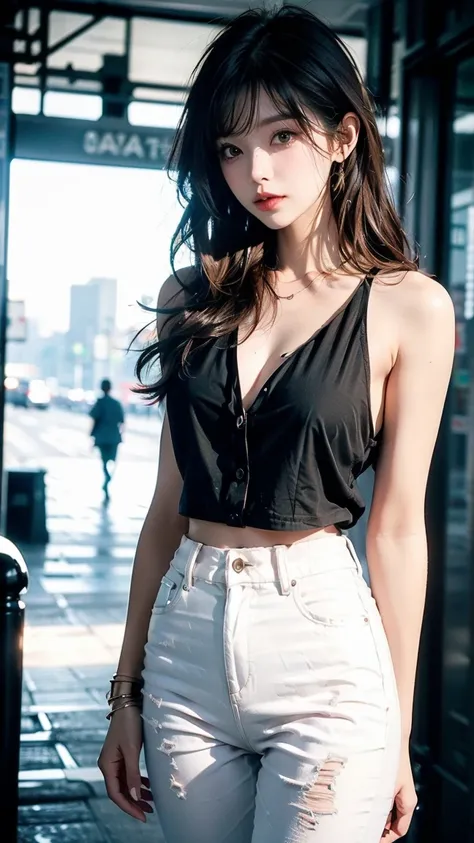  1girl ，thin waist， Round Rolled Chest ， Tan Skin ，Light makeup， Black Long Hair， Messy Hair ， White Vest ， Busty Jeans ， City Environment ，skyscraper， Front view ，Soft Focus，Depth of Field。  Rest City Aesthetics 、Urban Elegance 、 Original Sensuality 、dyna...