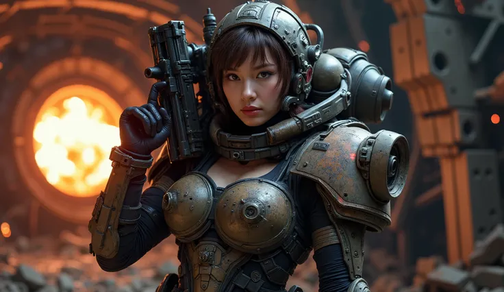 8k, UHD, Realistic, full body, Beautiful, captivating, female space marine from 20 and Back project, facial mixed of Kim Ji-won, highly detailed face, fiery and weary looked yet captivating, deep cleavage, depending the Kuiper Belt from Draconian, heavily ...