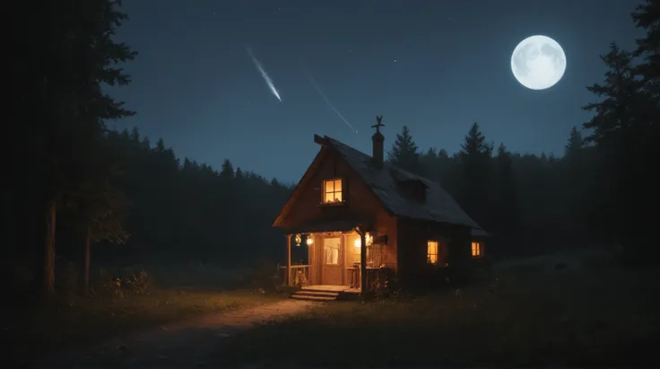  a valley full of trees at night very dark with the moon shining in the sky,  8k, a very cozy cabin with a chimney coming out of smoke and with indirect lighting, a horse tied to the rope in front of the cabin, A shooting star passing through the sky, Some...