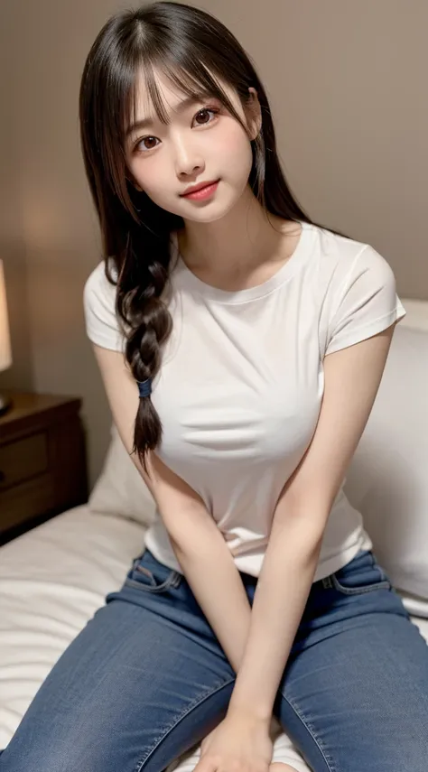    beautiful girl, Very clean and detailed face,   laugh shyly, Deep Valley), (彼女は  big breastedを持っている、  white t-shirt  、denim hot pants、、:1.3), (  big breasted.), (    close-up of a woman's eyes    ),   Her hair is braided  , (  beautiful face:1.2),    hi...