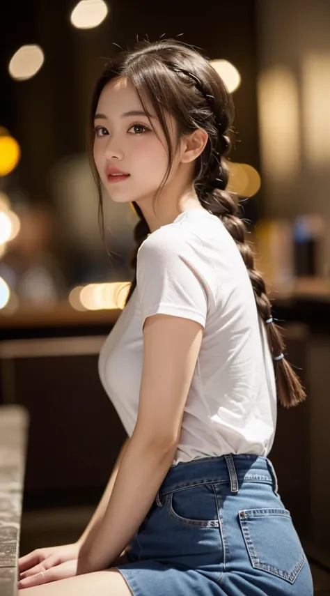       beautiful girl,  Very clean and detailed face ,       laugh shyly, Deep Valley), ((  The camera is behind me      ))、(彼女は    big breastedをしている、       White High Neck Rib Knit Tee  .      denim skirt   、Sideways to the viewer、        anatomically accu...