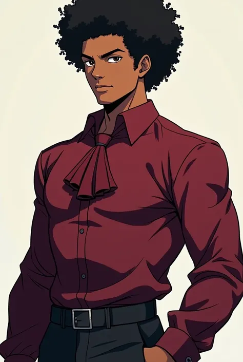 Draw me a african american anime character male who is 6'3 with asian eyes and black afro hair who is wearing a maroon button up long sleeve shirt with a maroon jabot attached full body view