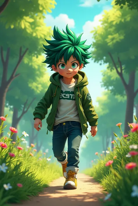 Light-skinned boy with green hair and green eyes from My Hero Academia walking around the park