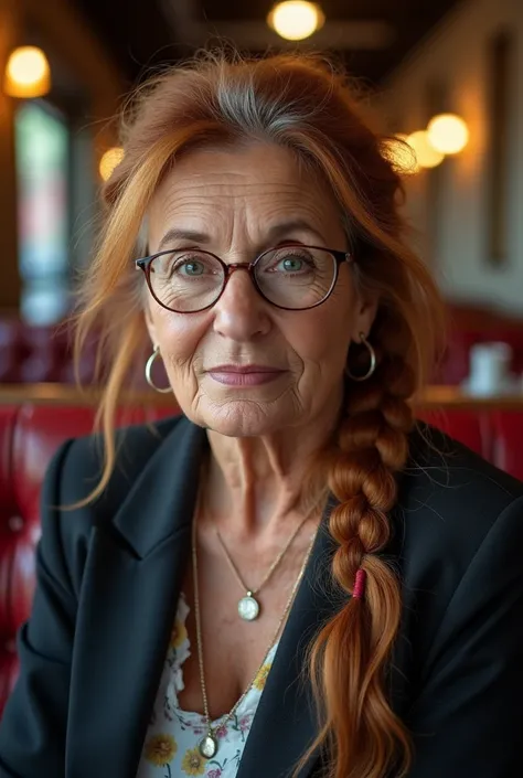 mature woman, gilf, 70 years old, lots of freckles, lots of wrinkles, hair up in a french twist hairstyle, bbw, big boobs, freckles, long wavy red hair with lots of gray in it, (gray brown hair), (detailed blue eyes),(hyperrealism:1.2), (8K UHD:1.2), (phot...