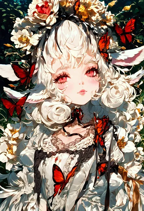 ( high quality) ( The best quality) ( A woman ) (correct physiognomy) (Perfect students) ( perfect eyes) woman with red eyes, long curly blonde and white hair, blonde eyelashes and eyebrows, rabbit ears coming out of her head, White lolita style dress. big...