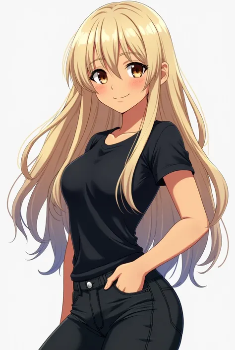 A young woman, estimated to be in her late s, anime. Her facial features include expressive brown eyes, a slightly upturned nose, and a smiling mouth. Her facial shape is oval. She has super long, light blonde hair (((with some streaks of dark blue))). The...