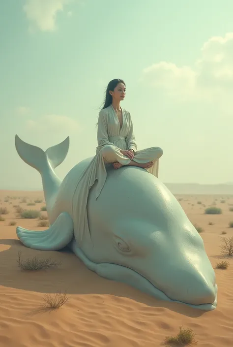 Woman sitting on a whale in the desert 