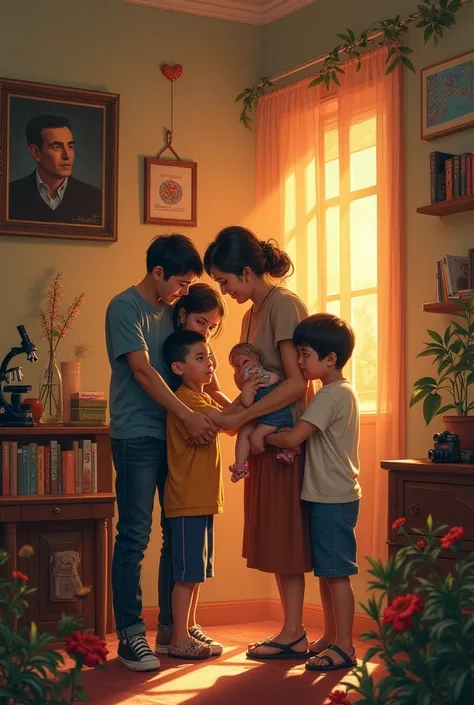 A warm and emotional composition representing the life of Yeghsik Marutyan, centered around family, love, and creativity. In the middle stands Yeghsik surrounded by her four ren: a  daughter, two sons aged 11 and 7, and an 8-month-old baby. In the backgrou...