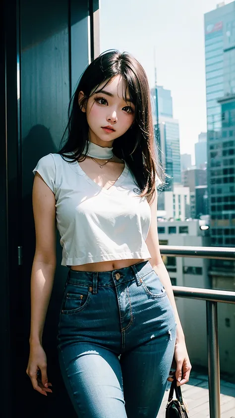  1girl ，thin waist， Round Rolled Chest ， Tan Skin ，Light makeup， Black Long Hair， Messy Hair ， White Vest ， Busty Jeans ， City Environment ，skyscraper， Front view ，Soft Focus，Depth of Field。  Rest City Aesthetics 、Urban Elegance 、 Original Sensuality 、dyna...