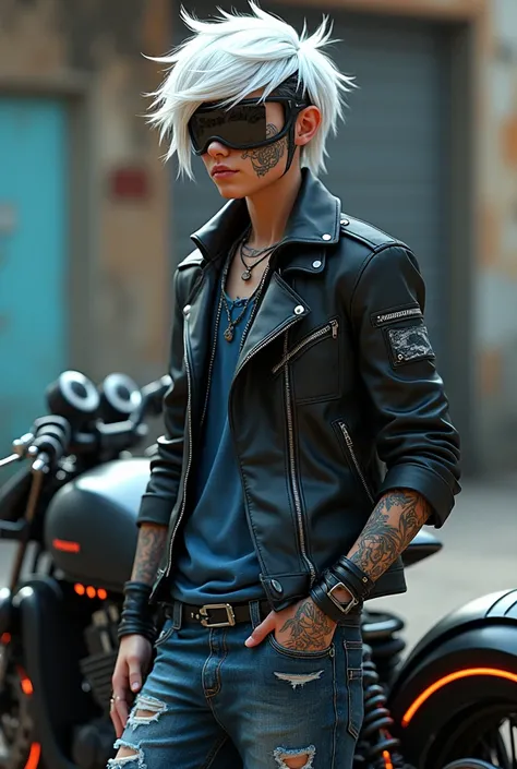 A white blonde haired  with a biker helmet standing next to a motorcycle with fake tattoos with a biker jacket and gloves with a blue shirt and blue jeans. Make the bike a .