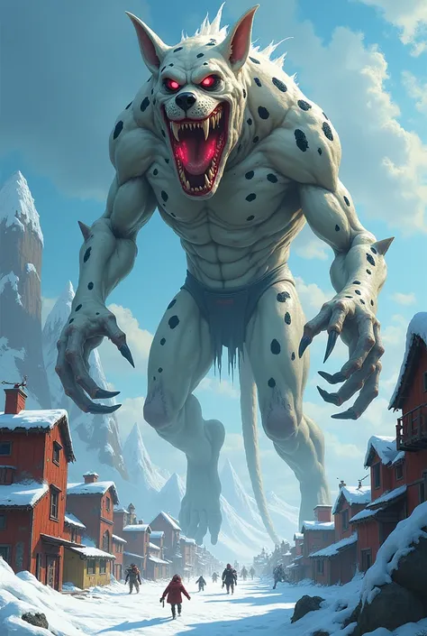 make a photo of gigantic (((cartoony))) dalmatian dog demon creature with lanky body, long muscular arms, two legs, and red eyes that is the size of an asteroid attacking buildings in the frozen land in broad daylight. the image shows the buildings and peo...