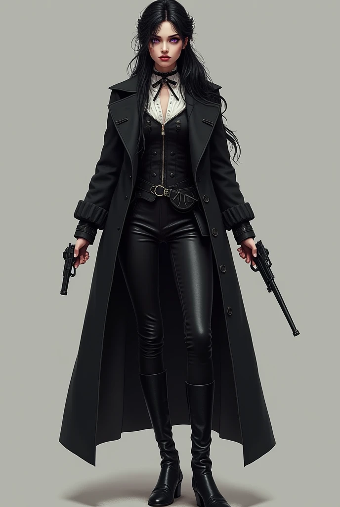 Create a female character from the Victorian era, gothic clothes, , a black overcoat and an arcane pistol. She has long black hair tied in a low bun, Victorian-era leather clothing, leather boots and violet eyes. 2d style illustration