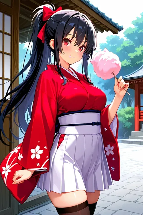 8k,masterpiece, best quality, ultra detailed, high resolution, super fine illustration,1girl, solo, smile, red eyes, black hair, long hair, ponytail, medium breasts, Japanese clothes,kimono,skirt, thighhighs, eating cotton_candy,