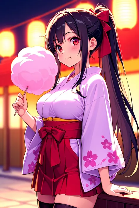 8k,masterpiece, best quality, ultra detailed, high resolution, super fine illustration,1girl, solo, smile, red eyes, black hair, long hair, ponytail, medium breasts, Japanese clothes,kimono,skirt, thighhighs, eating cotton_candy,