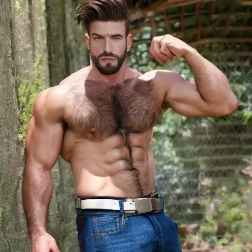 Generate a photorealistic image (1.4), upper body, In ultra high resolution of a handsome and manly full-body man. Should have wavy jet black hair, shirtless, wearing jeans, a brown belt, and boots. His face should show a neat beard and detailed facial tex...