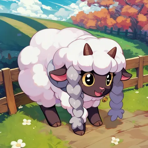  score_9,  score_8_ up,  score_8,  furry , wooloo, sheep,  Pokemon  (Living things), horn,sheepの目( black sclera 、Yokobo no Hitomi)、 soft body , Short legs(Very short、Only the toes come out of the fur)、 anime style, 2D, Alone, Wild, hoof,  is standing,  on ...