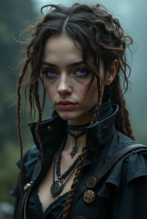 Make a Goth Pirate with Heterochromia (One eye will be violet and the other will be black), with medium brown curly hair, com uns dreadlocks e trancinhas da mesma cor