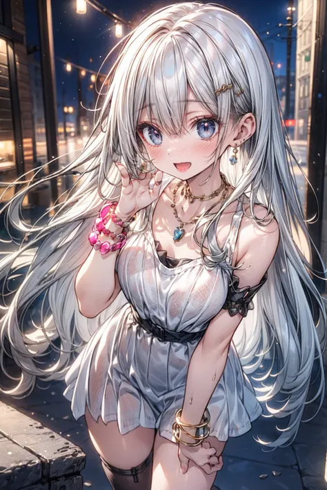 ((flat anime, 2D, 1girl:1.2)), ((15-years old:1.1, lolli:1.3)), (silver long hair:1.5), reflective hair, ((focus on thigh:1.3)), (natural skin:1.3), (natural looking makeup:1.5), (slender:1.4), ((small breast:1.5)), BREAK, (necklace, earring, bracelet), (a...