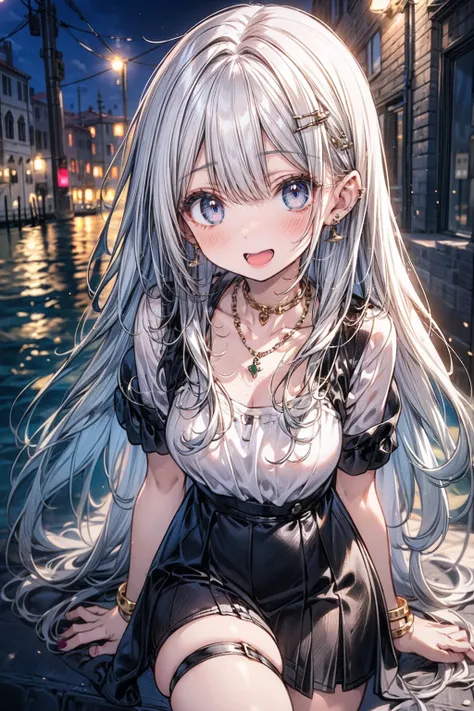 ((flat anime, 2D, 1girl:1.2)), ((15-years old:1.1, lolli:1.3)), (silver long hair:1.5), reflective hair, ((focus on thigh:1.3)), (natural skin:1.3), (natural looking makeup:1.5), (slender:1.4), ((small breast:1.5)), BREAK, (necklace, earring, bracelet), (a...