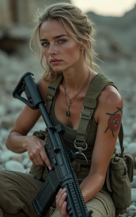 8k, Photorealistic、Realistic skin texture、A beautiful Polish woman in the United States Marine Corps holds a SIG SAUER khaki XM7 assault rifle in one hand., Sitting on the rubble、Defeated all enemies、Tired but calm expression, naked、A little tattoo、Dramati...