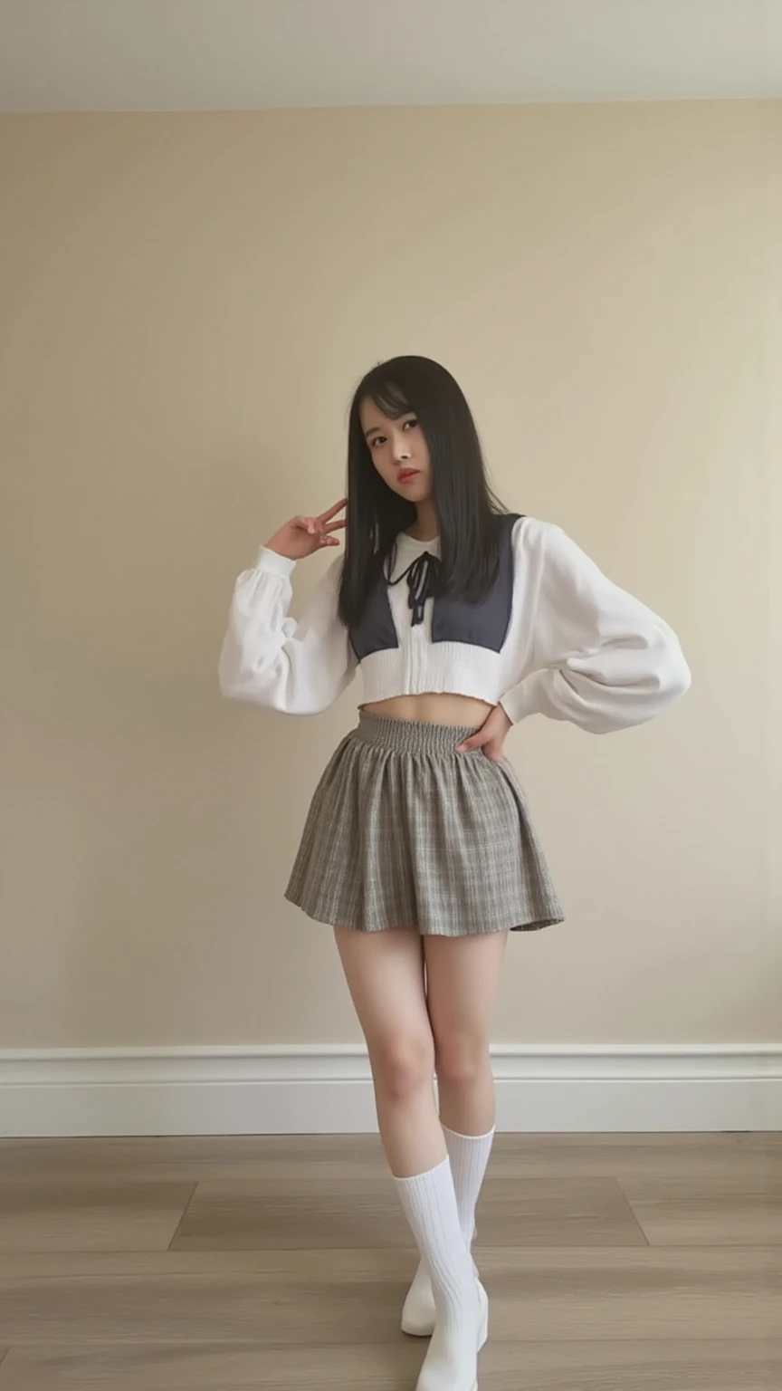 there is a woman that is standing in a room with a skirt, dressed as schoolgirl, lalisa manoban of blackpink, thighhighs and skirt, wearing honey - themed miniskirt, youtube video screenshot, wearing skirt, lalisa manobal, wearing skirt and high socks, sma...