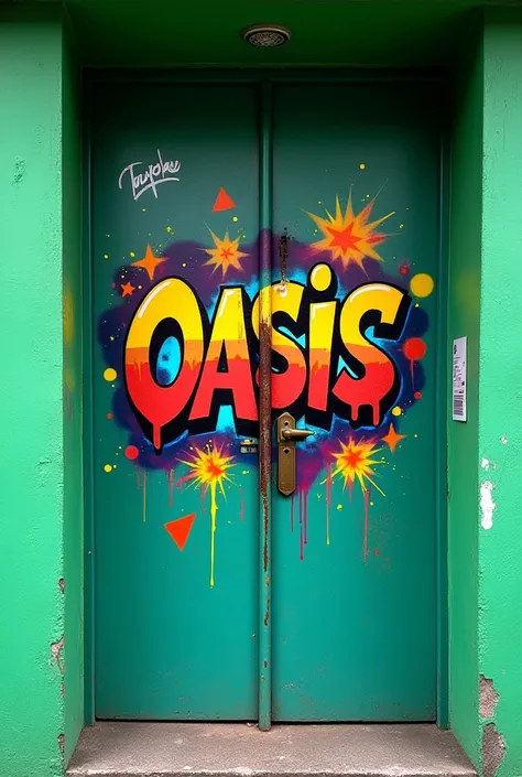 Create an image that you can graffiti on a karaoke bar door with spray....  The name of the bar is OASIS and the wall colors are green so you have to highlight it with bright colors 