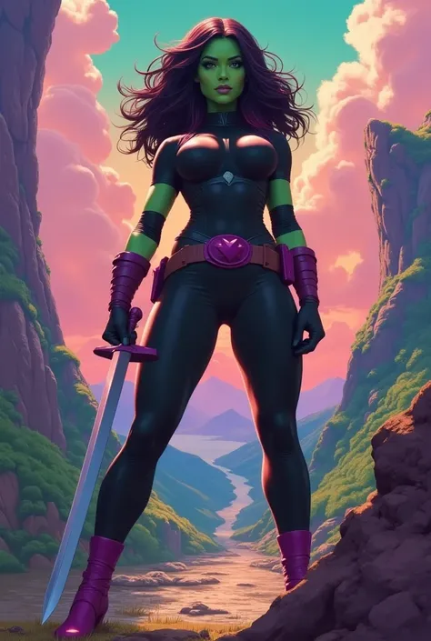 (((COMIC STYLE, CARTOON ART))). ((1 girl)), lonly, solo, ((A comic-style image)) of Gamora, with her as the central figure. She is standing, with her hands holding a sword. She wears a black and purple costume, ((pink anda purple hair)). She has long, stra...