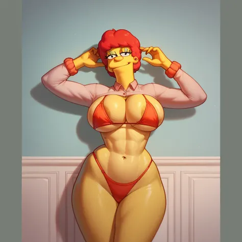  school uniform Marge Simpson very beautiful smiling with a super sexy body (( huge breasts)), ((huge swag )),  long blue hair,  yellow skin,  full body, in a micro 