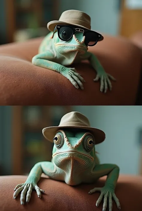 
**Image:** A chameleon wearing sunglasses and a hat, blending perfectly into a couch.  
**Top text:** *"Adaptation: The art of survival."*  
**Bottom text:** *"Meanwhile, me adapting to Mondays... still struggling."*  
