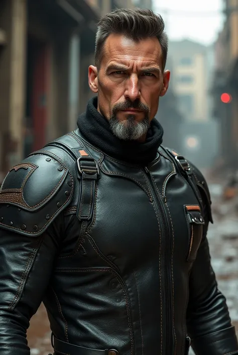 White male with goatee wearing a full leather motorcycle fit