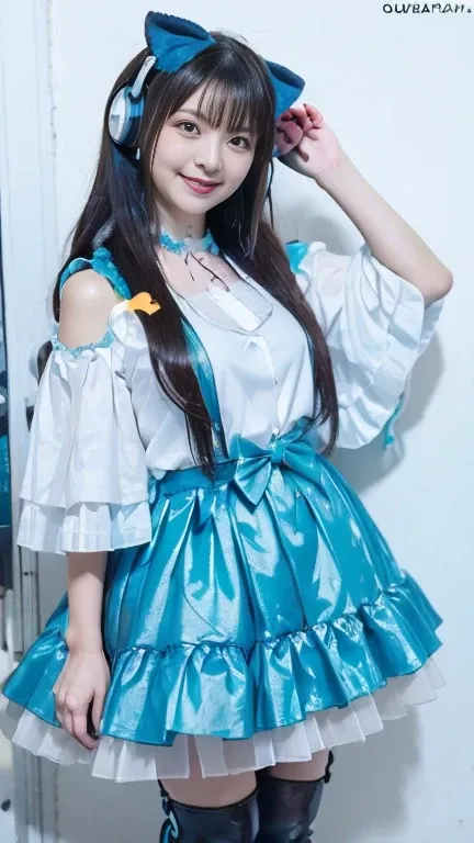  best quality, masterpiece,  realist, photo realist,  1 girl,  alone,  viewers, smile,  is standing, whole body, by the floating,  Hatsune Miku  cosplay costume,  Hatsune Miku,  cosplay,  aquamarine hair, two tails ,   very long hair,   hair ornament,   he...