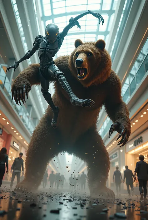 A grizzly bear fighting an alien in a shopping mall