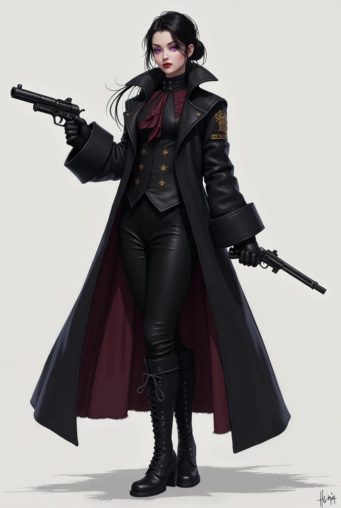 Create a female character from the Victorian era, gothic clothes, , a black overcoat and an arcane pistol. She has long black hair tied in a low bun, Victorian-era leather clothing, leather boots and violet eyes. 2d style illustration