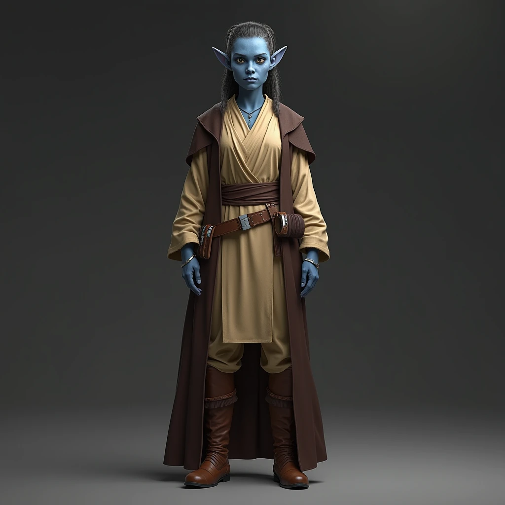 Recreate a "Aayla Secura" from star wars. ((realista 4k)) What do you wear Jedi robes.  That he wears pants. What a look at brown boots. That it is standing.  With dark gray background.